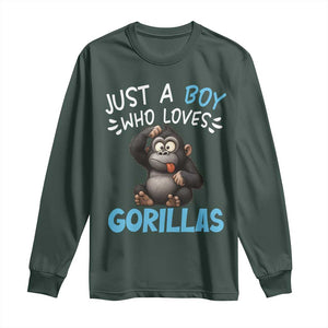 Funny Gorilla Lover Gift Long Sleeve Shirt Just A Boy Who Loves Gorillas TS12 Dark Forest Green Print Your Wear