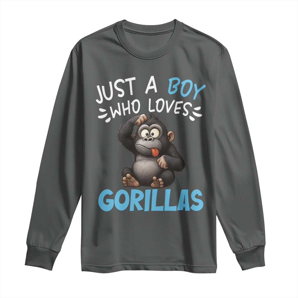 Funny Gorilla Lover Gift Long Sleeve Shirt Just A Boy Who Loves Gorillas TS12 Dark Heather Print Your Wear