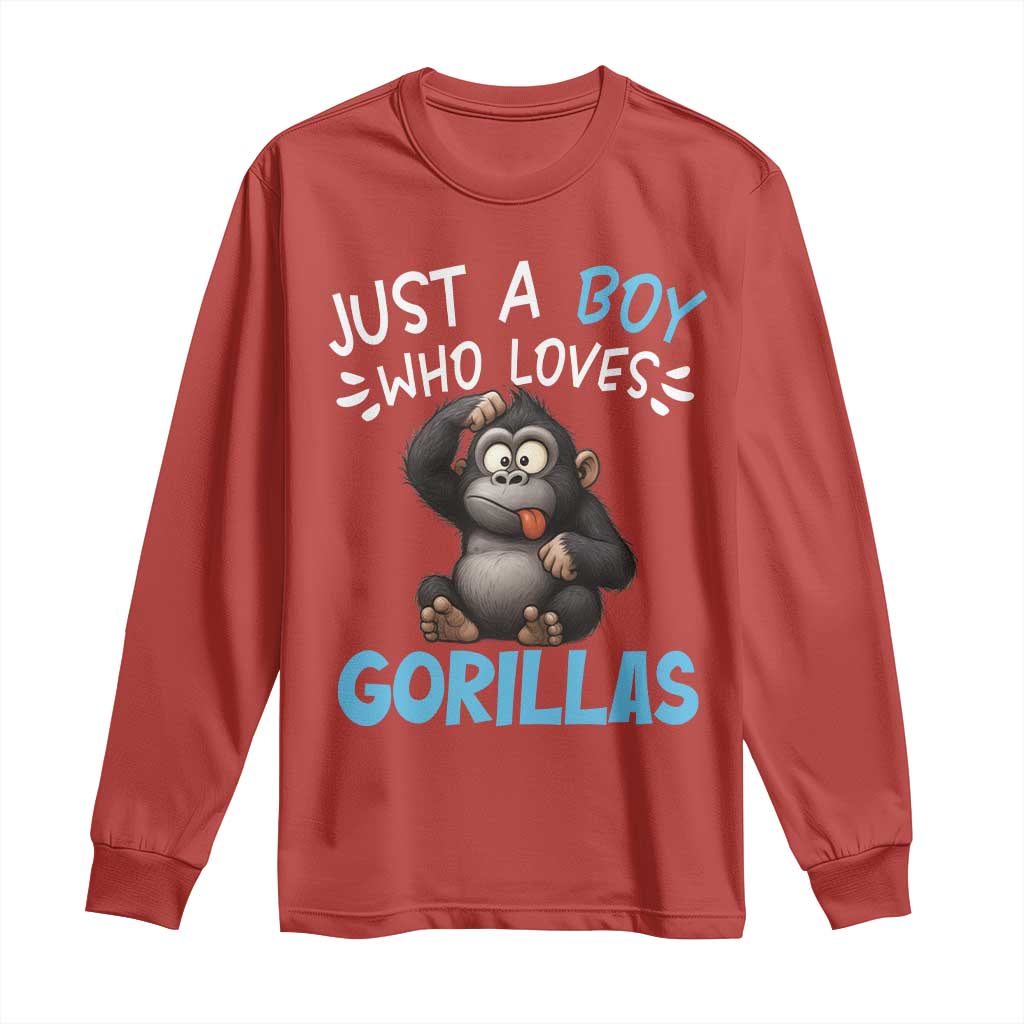 Funny Gorilla Lover Gift Long Sleeve Shirt Just A Boy Who Loves Gorillas TS12 Red Print Your Wear