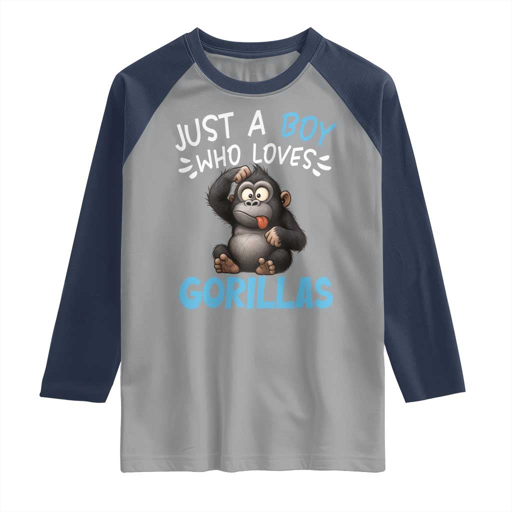 Funny Gorilla Lover Gift Raglan Shirt Just A Boy Who Loves Gorillas TS12 Sport Gray Navy Print Your Wear