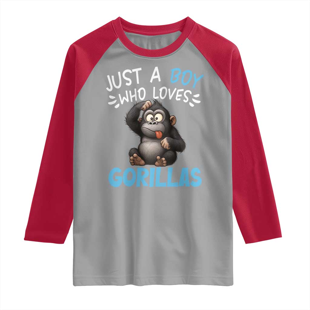 Funny Gorilla Lover Gift Raglan Shirt Just A Boy Who Loves Gorillas TS12 Sport Gray Red Print Your Wear