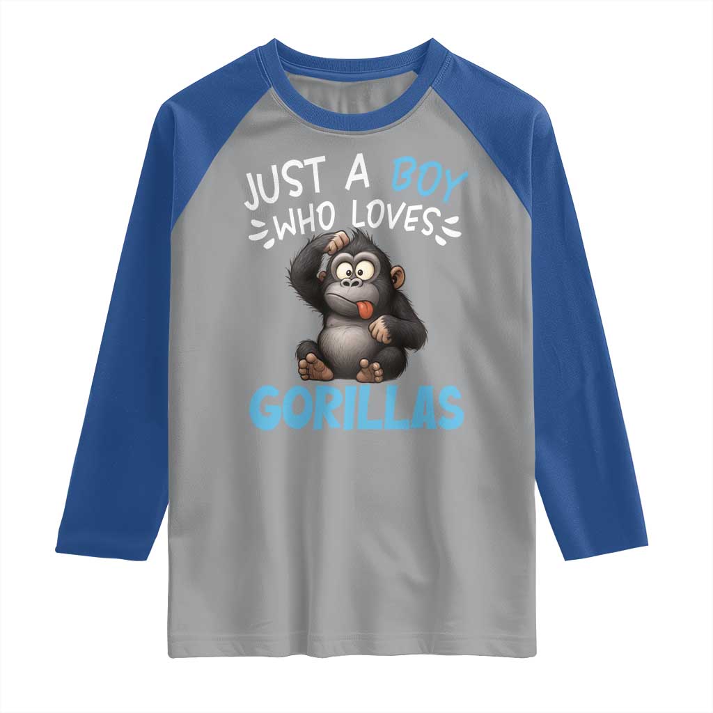 Funny Gorilla Lover Gift Raglan Shirt Just A Boy Who Loves Gorillas TS12 Sport Gray Royal Print Your Wear