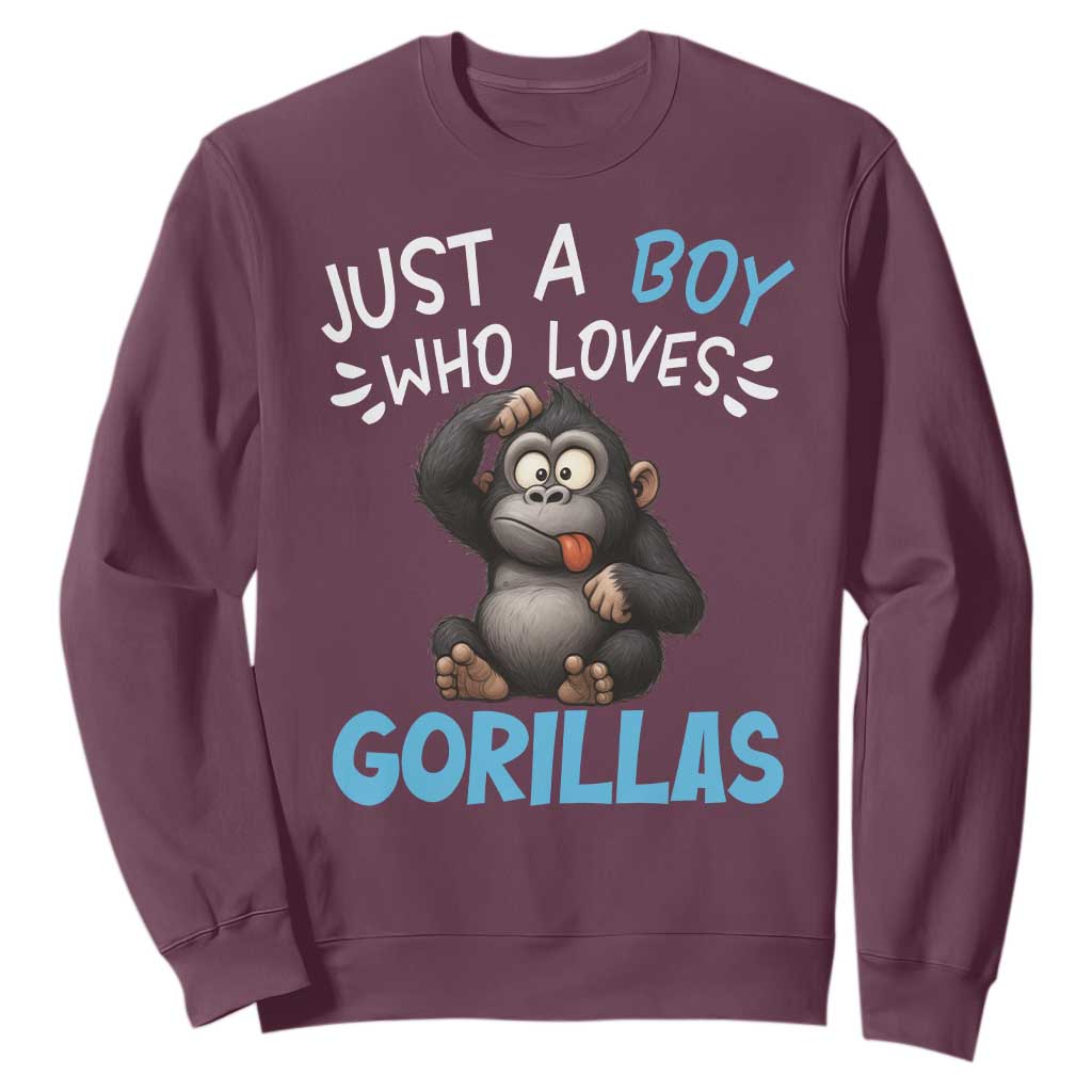 Funny Gorilla Lover Gift Sweatshirt Just A Boy Who Loves Gorillas TS12 Maroon Print Your Wear