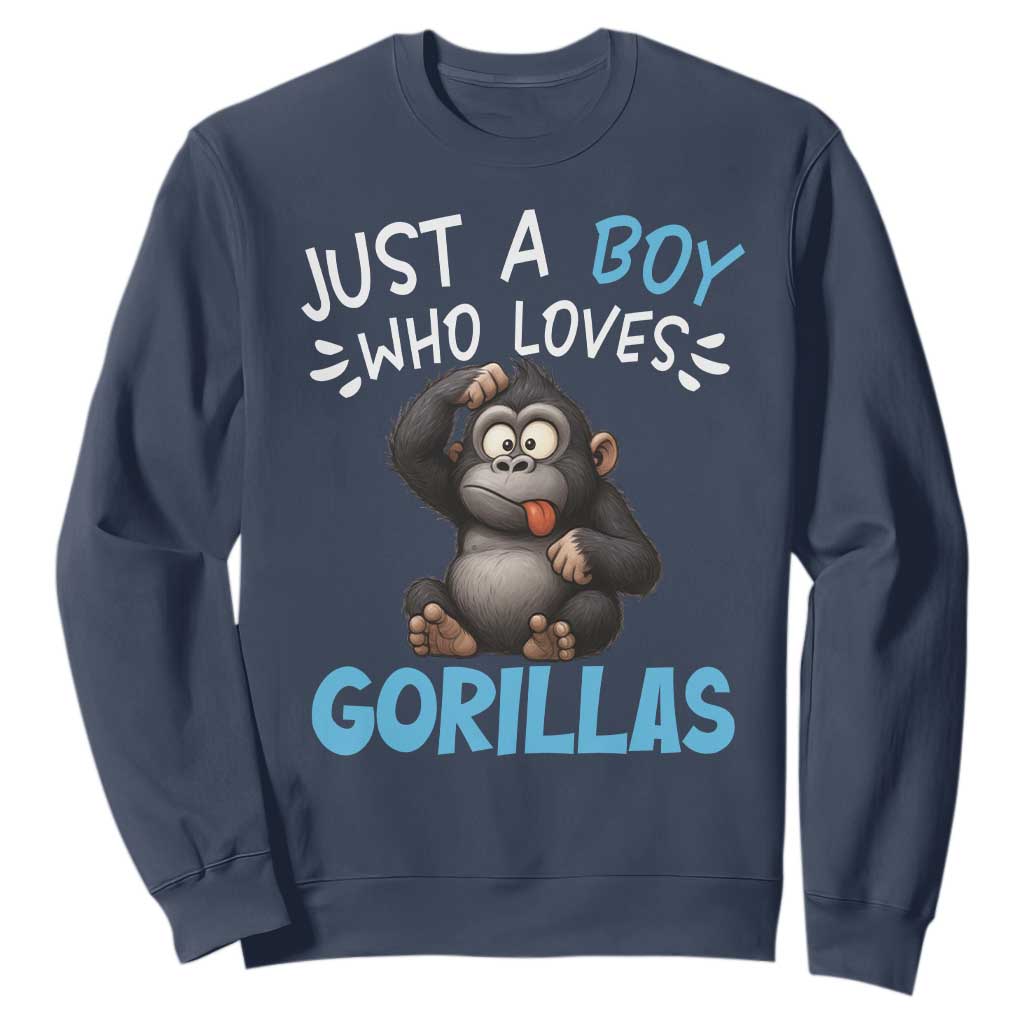 Funny Gorilla Lover Gift Sweatshirt Just A Boy Who Loves Gorillas TS12 Navy Print Your Wear