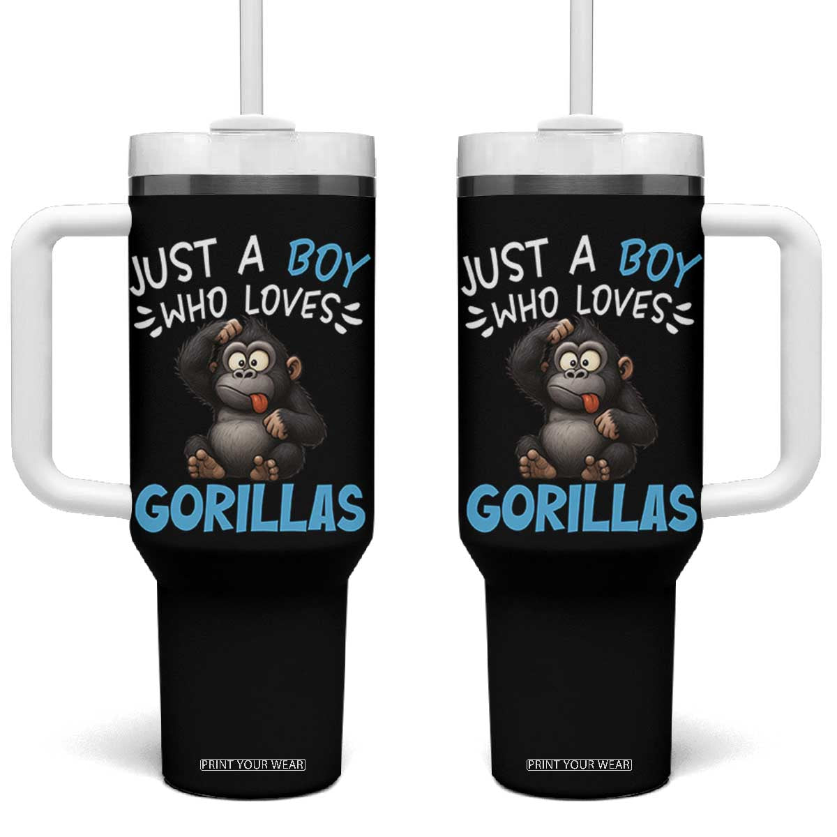 Funny Gorilla Lover Gift Tumbler With Handle Just A Boy Who Loves Gorillas TS12 One Size: 40 oz Black Print Your Wear