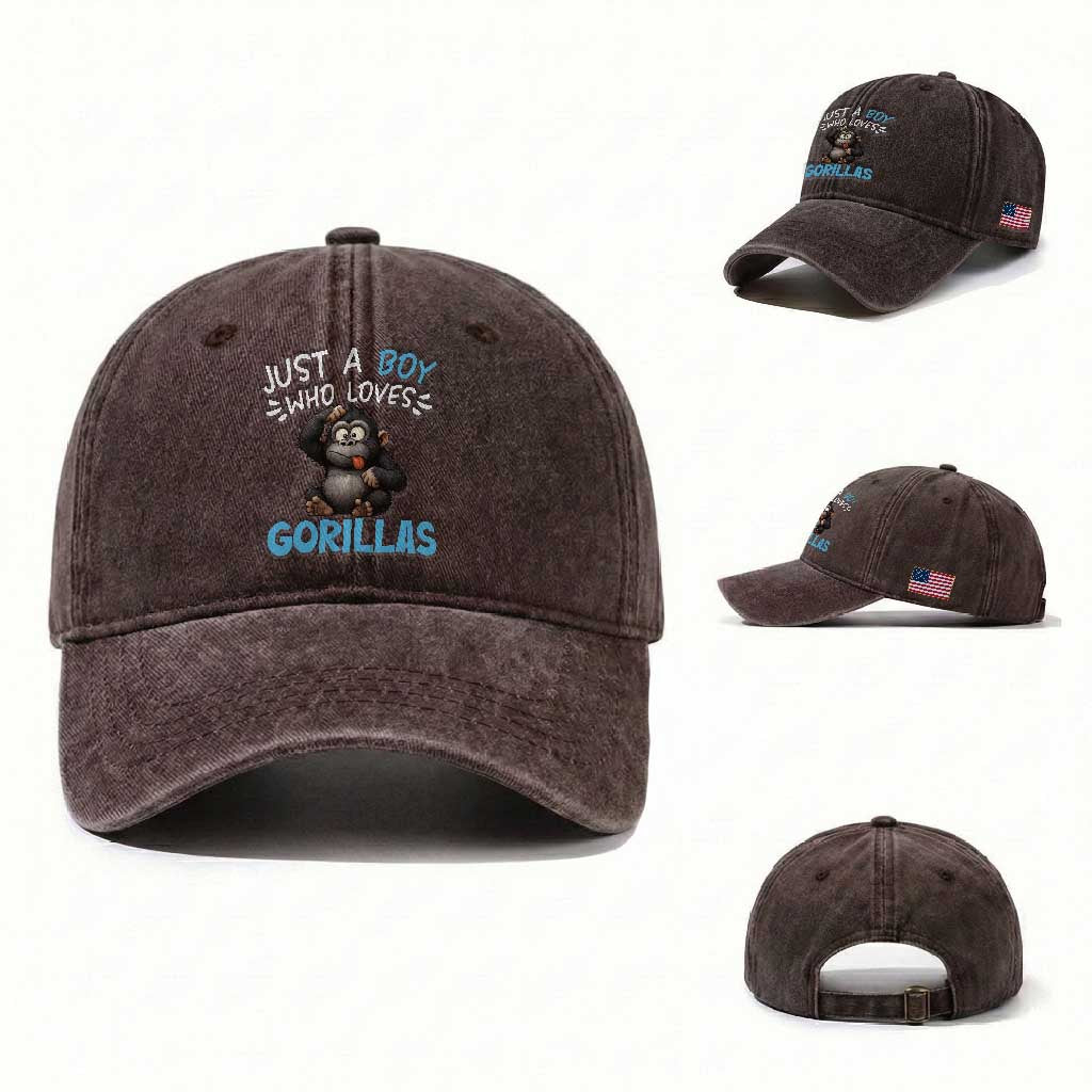 Funny Gorilla Lover Gift Washed Cotton Baseball Cap Just A Boy Who Loves Gorillas TS12 Washed Cap Universal Fit Dark Brown Print Your Wear