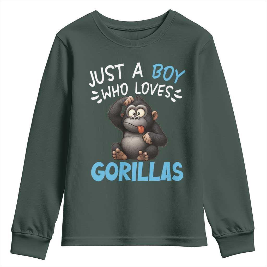 Funny Gorilla Lover Gift Youth Sweatshirt Just A Boy Who Loves Gorillas TS12 Dark Forest Green Print Your Wear