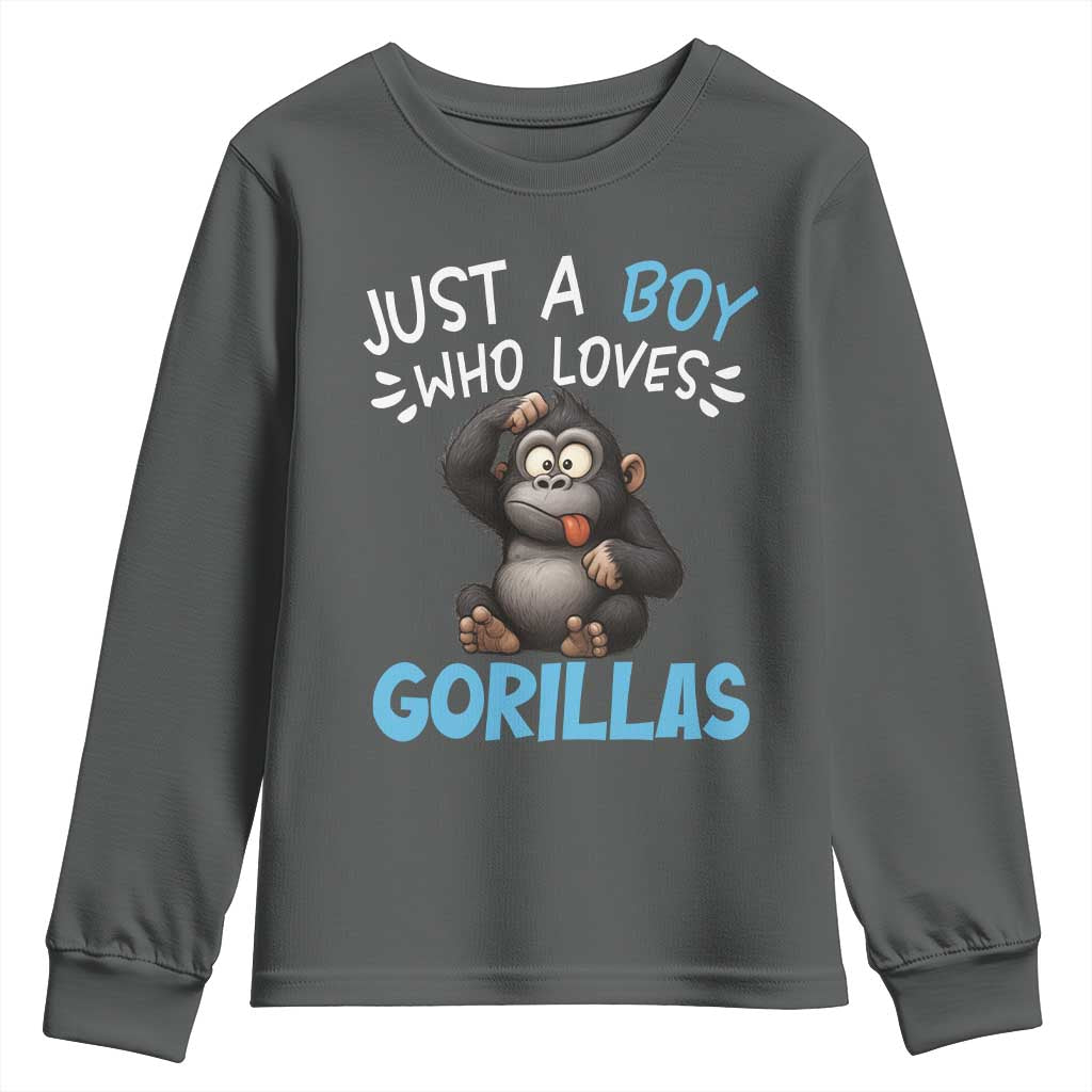 Funny Gorilla Lover Gift Youth Sweatshirt Just A Boy Who Loves Gorillas TS12 Dark Heather Print Your Wear