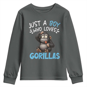 Funny Gorilla Lover Gift Youth Sweatshirt Just A Boy Who Loves Gorillas TS12 Dark Heather Print Your Wear
