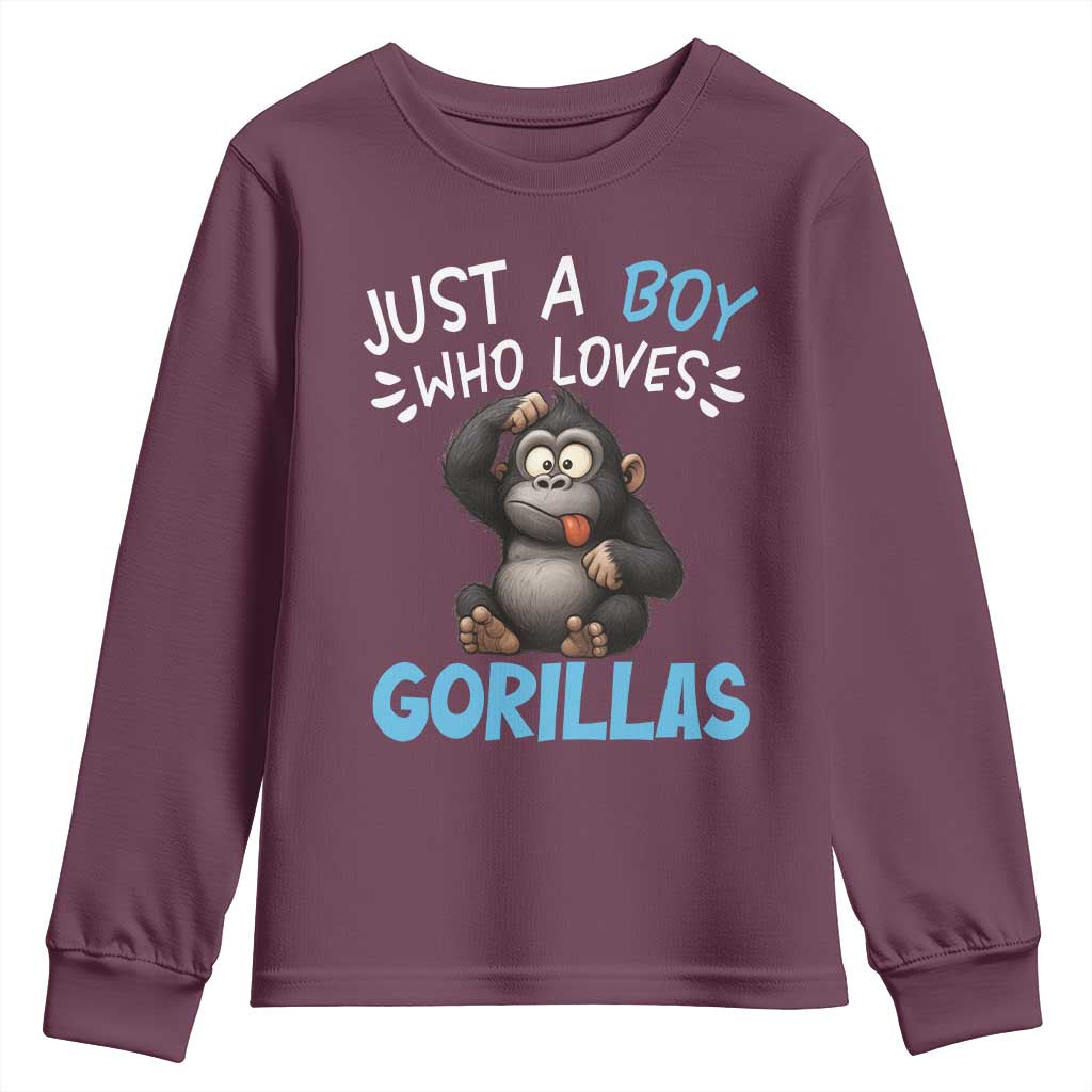 Funny Gorilla Lover Gift Youth Sweatshirt Just A Boy Who Loves Gorillas TS12 Maroon Print Your Wear