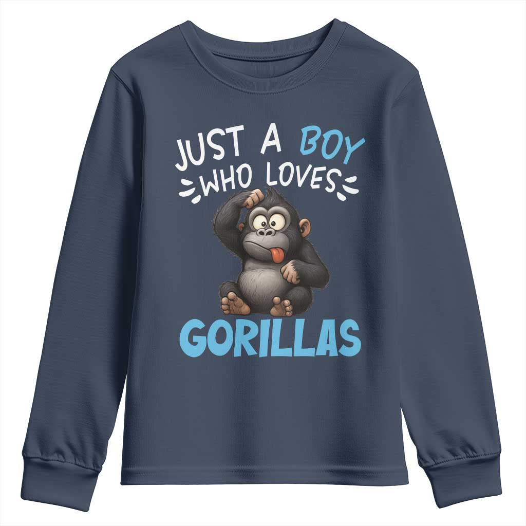 Funny Gorilla Lover Gift Youth Sweatshirt Just A Boy Who Loves Gorillas TS12 Navy Print Your Wear