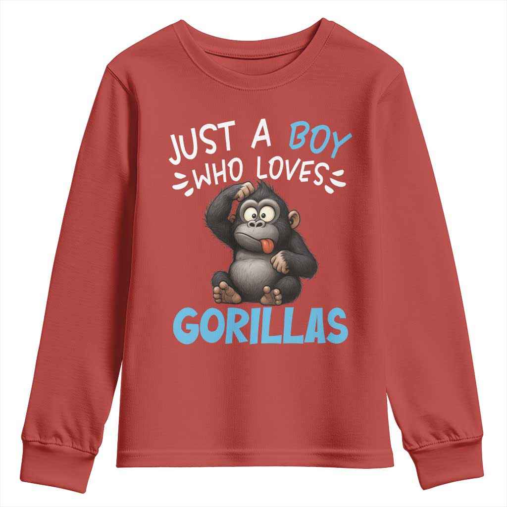 Funny Gorilla Lover Gift Youth Sweatshirt Just A Boy Who Loves Gorillas TS12 Red Print Your Wear