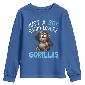 Funny Gorilla Lover Gift Youth Sweatshirt Just A Boy Who Loves Gorillas TS12 Royal Blue Print Your Wear