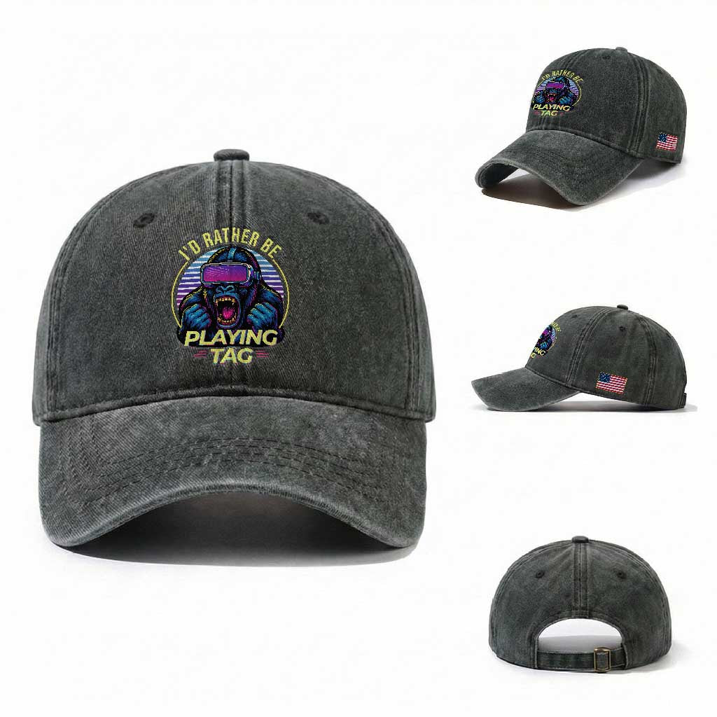 VR Gamer Gorilla Washed Cotton Baseball Cap I’d Rather Be Playing Tag Gift TS12 Washed Cap Universal Fit Dark Green Print Your Wear