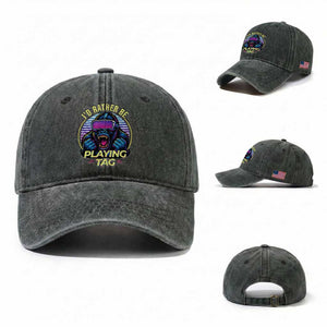 VR Gamer Gorilla Washed Cotton Baseball Cap I’d Rather Be Playing Tag Gift TS12 Washed Cap Universal Fit Dark Green Print Your Wear