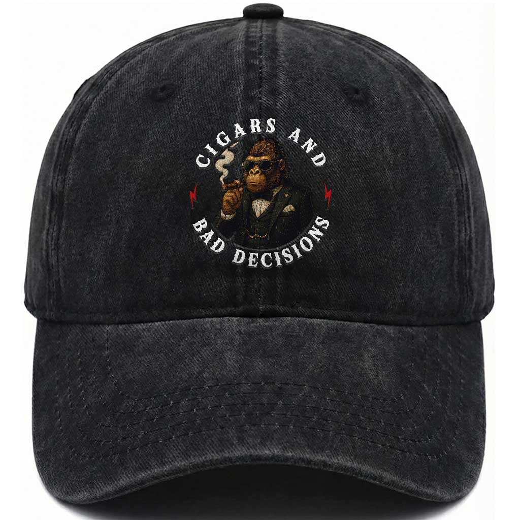 Cigars And Bad Decisions Washed Cotton Baseball Cap Funny Gorilla Gift TS12 Print Your Wear