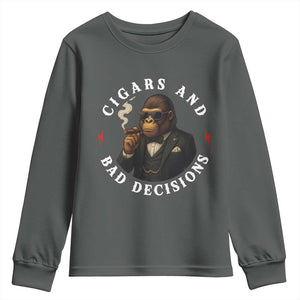 Cigars And Bad Decisions Youth Sweatshirt Funny Gorilla Gift TS12 Dark Heather Print Your Wear
