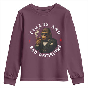 Cigars And Bad Decisions Youth Sweatshirt Funny Gorilla Gift TS12 Maroon Print Your Wear