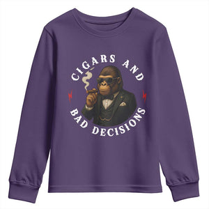 Cigars And Bad Decisions Youth Sweatshirt Funny Gorilla Gift TS12 Purple Print Your Wear