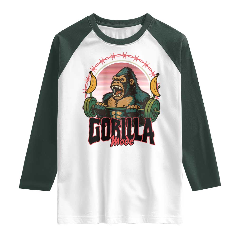 Fitness Lover Gift Raglan Shirt Gorilla Mode TS12 White Dark Forest Green Print Your Wear