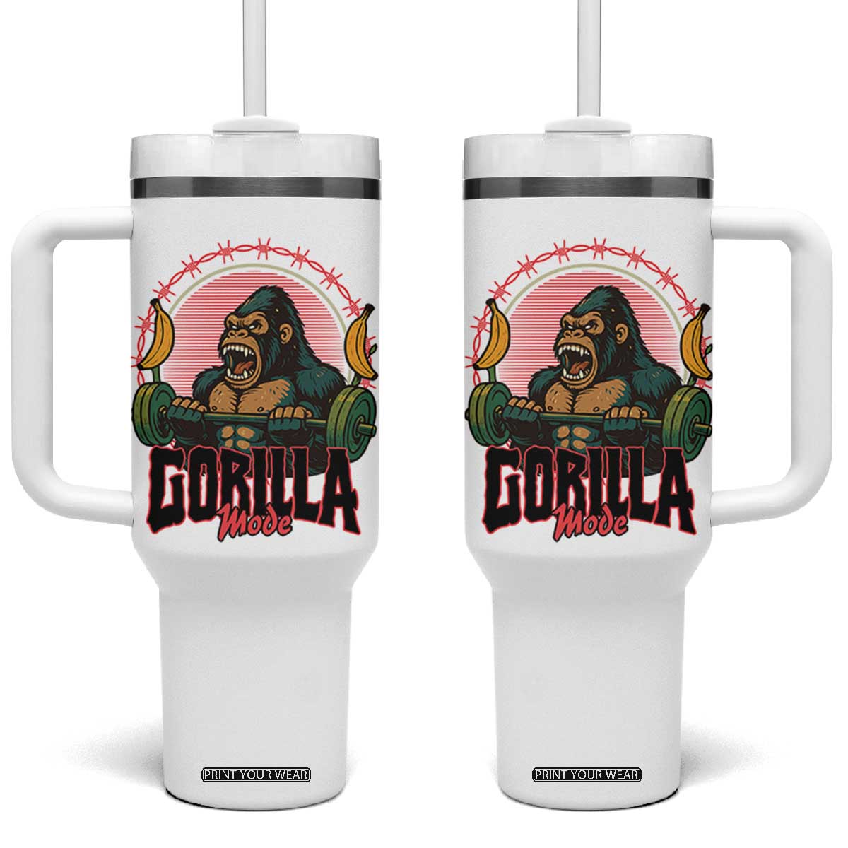 Fitness Lover Gift Tumbler With Handle Gorilla Mode TS12 One Size: 40 oz White Print Your Wear