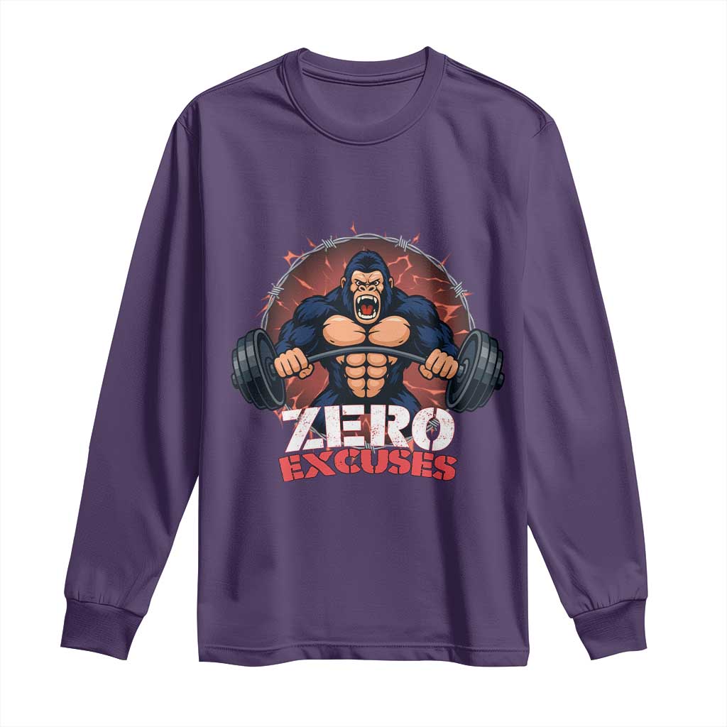 Zero Excuses Long Sleeve Shirt Gorilla Fitness Lover Gift TS12 Purple Print Your Wear