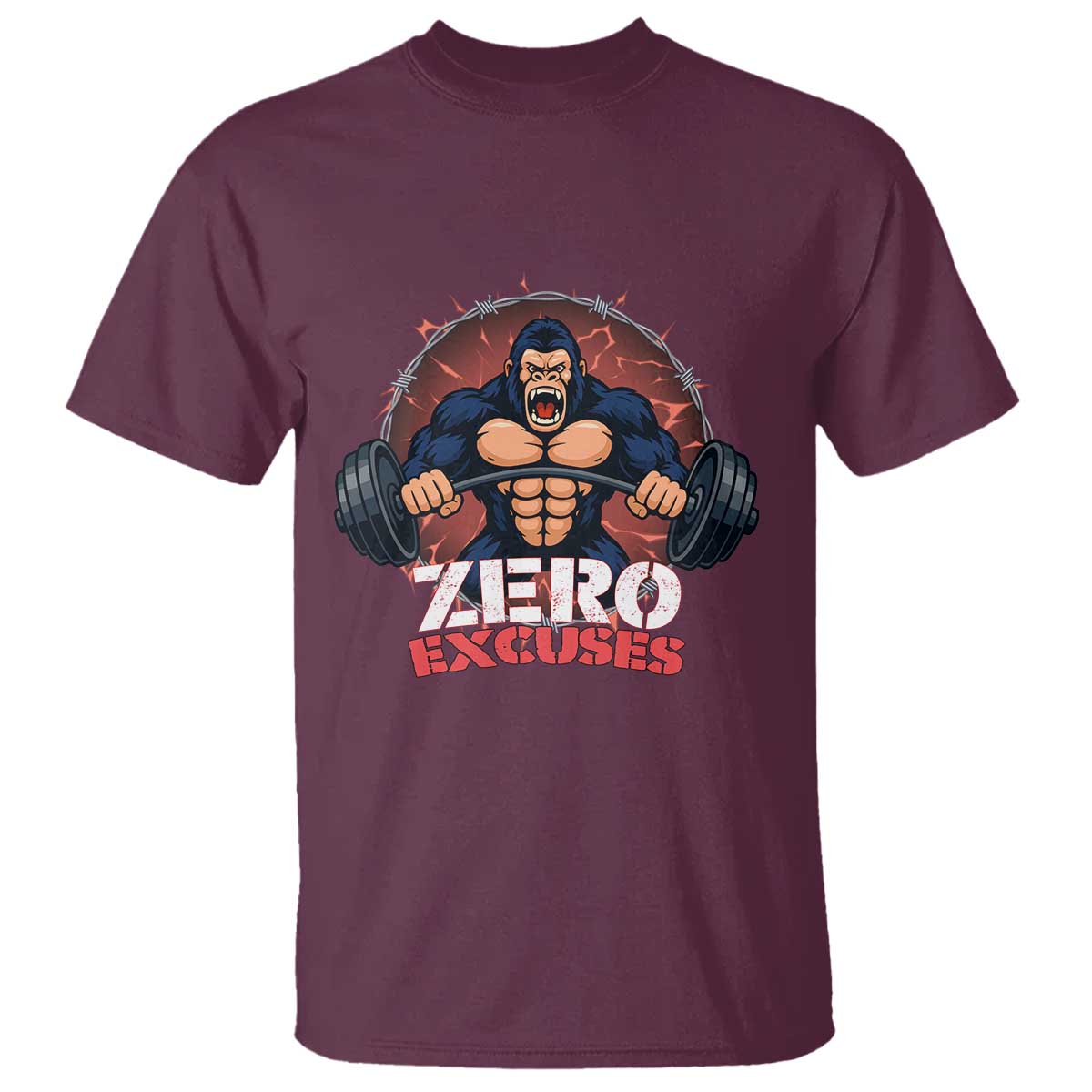 Zero Excuses T Shirt Gorilla Fitness Lover Gift TS12 Maroon Print Your Wear