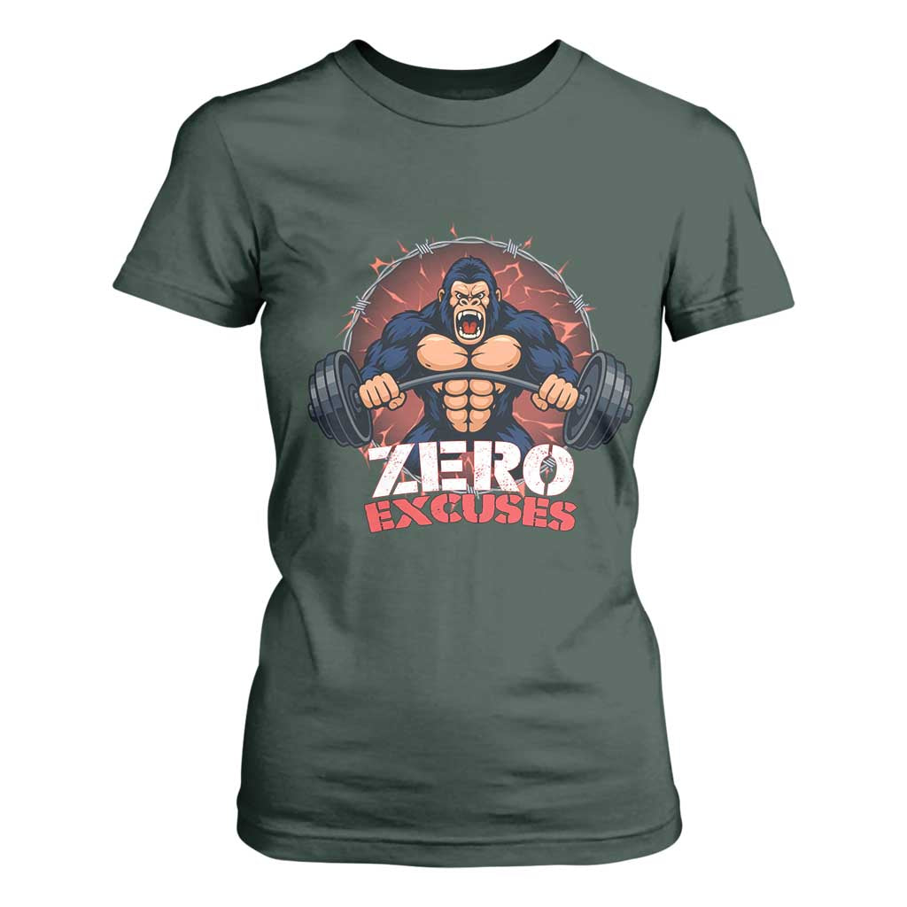 Zero Excuses T Shirt For Women Gorilla Fitness Lover Gift TS12 Dark Forest Green Print Your Wear