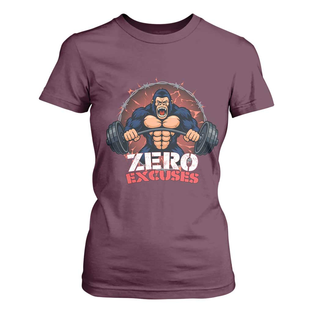 Zero Excuses T Shirt For Women Gorilla Fitness Lover Gift TS12 Maroon Print Your Wear
