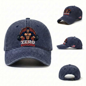 Zero Excuses Washed Cotton Baseball Cap Gorilla Fitness Lover Gift TS12 Washed Cap Universal Fit Navy Print Your Wear