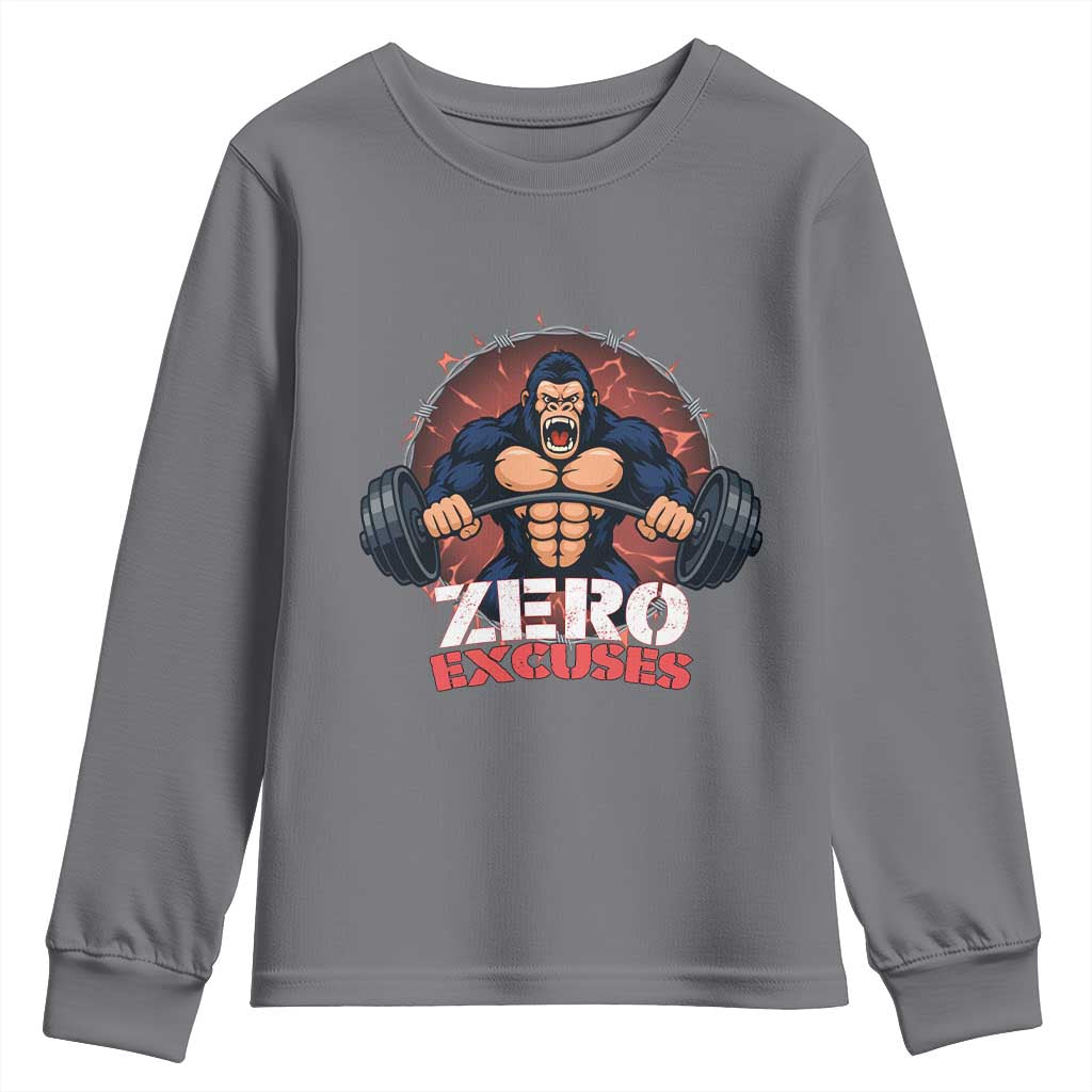 Zero Excuses Youth Sweatshirt Gorilla Fitness Lover Gift TS12 Charcoal Print Your Wear