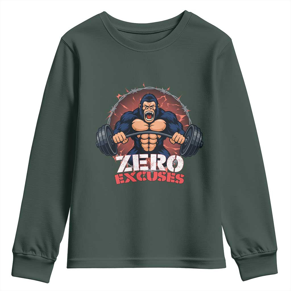 Zero Excuses Youth Sweatshirt Gorilla Fitness Lover Gift TS12 Dark Forest Green Print Your Wear