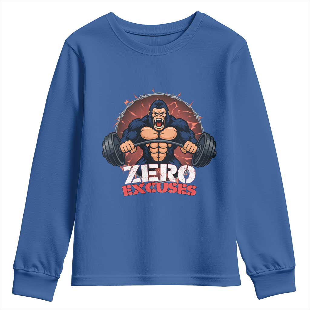 Zero Excuses Youth Sweatshirt Gorilla Fitness Lover Gift TS12 Royal Blue Print Your Wear