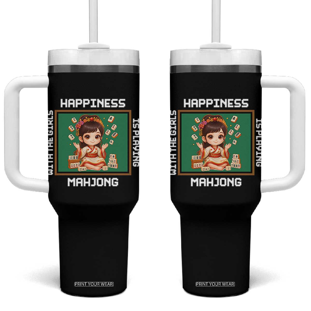Gambling Chinese Gift Tumbler With Handle Happiness Is Playing Mahjong With The Girls TS12 One Size: 40 oz Black Print Your Wear