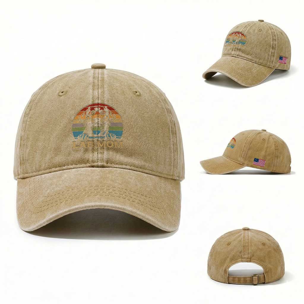 Lab Mom Washed Cotton Baseball Cap Retro Sunset Dog Mom Gift TS12 Washed Cap Universal Fit Khaki Print Your Wear