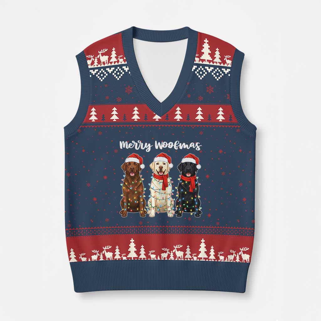 Funny Merry Woofmas V-Neck Knit Sweater Vest Labrador Funny Xmas Dog Lover Gift TS12 Navy Red Print Your Wear