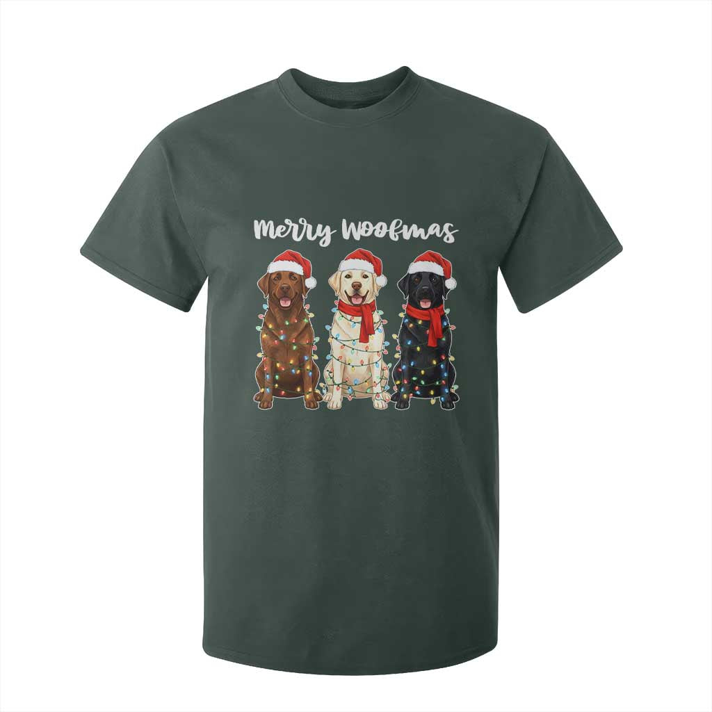 Funny Merry Woofmas T Shirt For Kid Labrador Funny Christmas Dog Lover Gift TS12 Dark Forest Green Print Your Wear