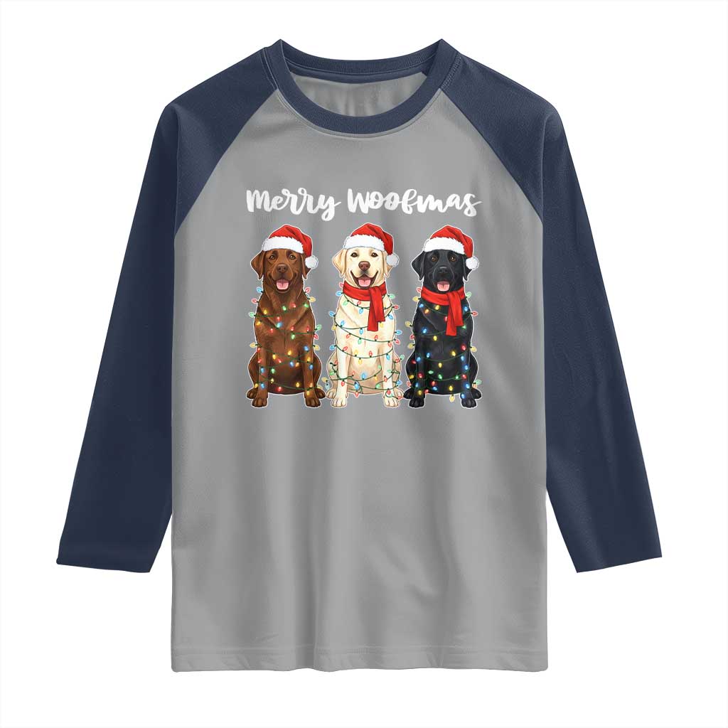Funny Merry Woofmas Raglan Shirt Labrador Funny Christmas Dog Lover Gift TS12 Sport Gray Navy Print Your Wear