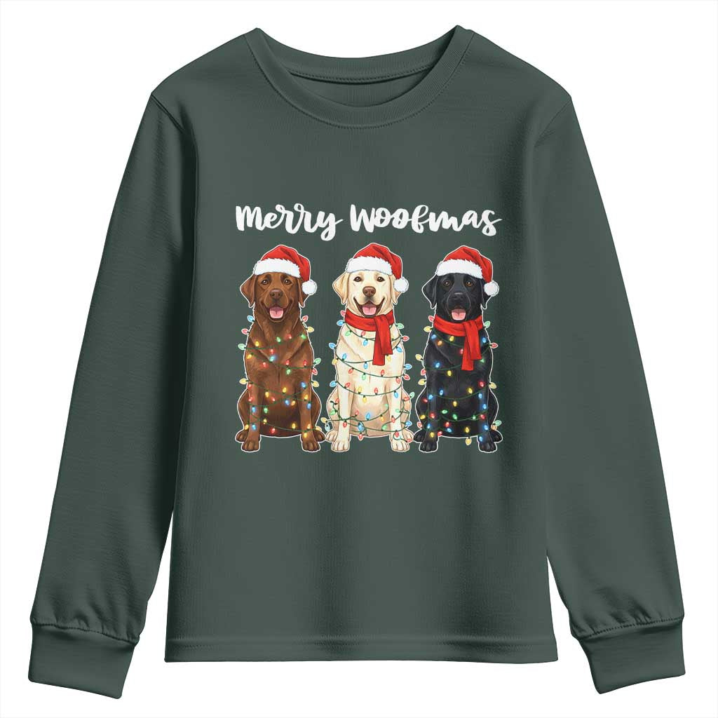 Funny Merry Woofmas Youth Sweatshirt Labrador Funny Christmas Dog Lover Gift TS12 Dark Forest Green Print Your Wear