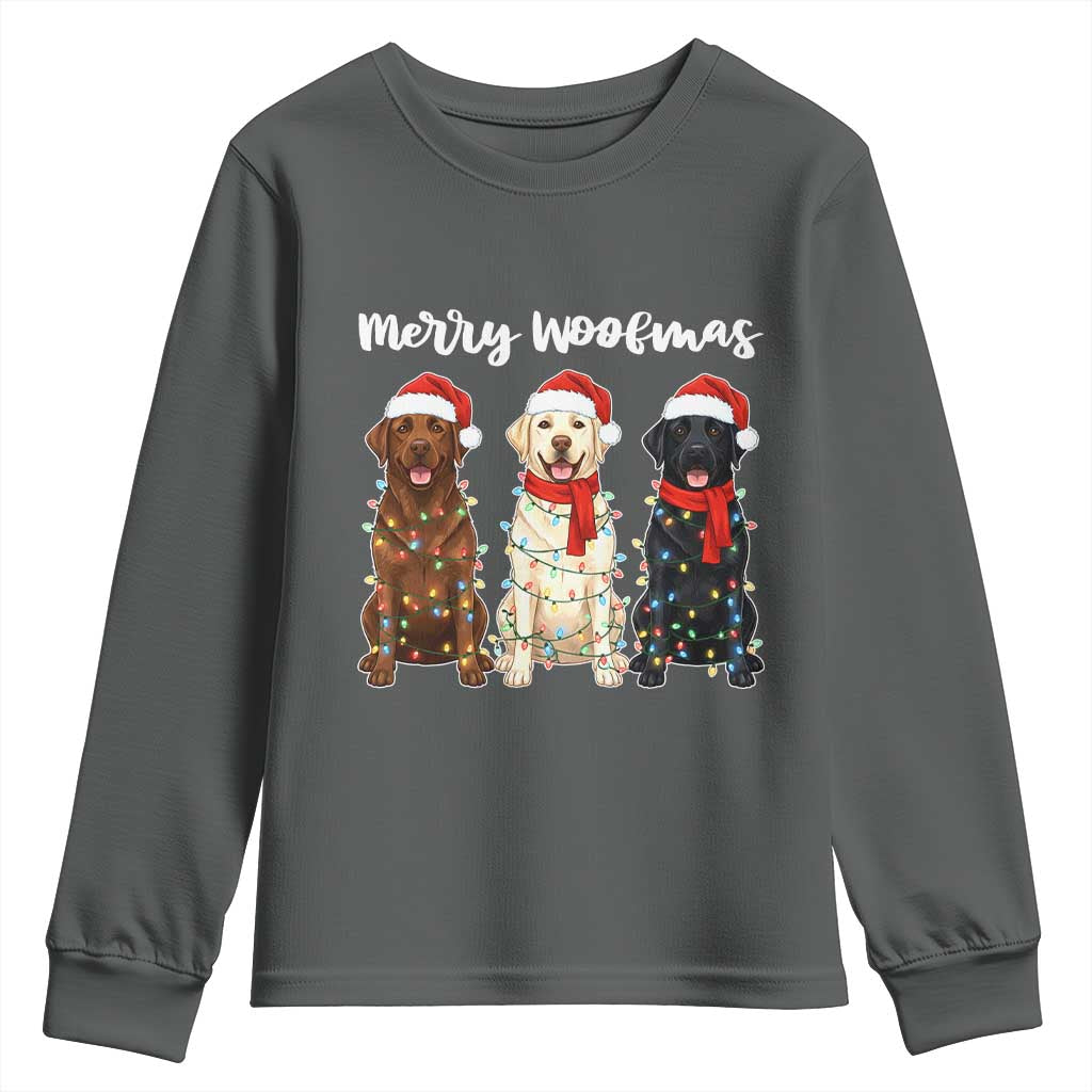 Funny Merry Woofmas Youth Sweatshirt Labrador Funny Christmas Dog Lover Gift TS12 Dark Heather Print Your Wear