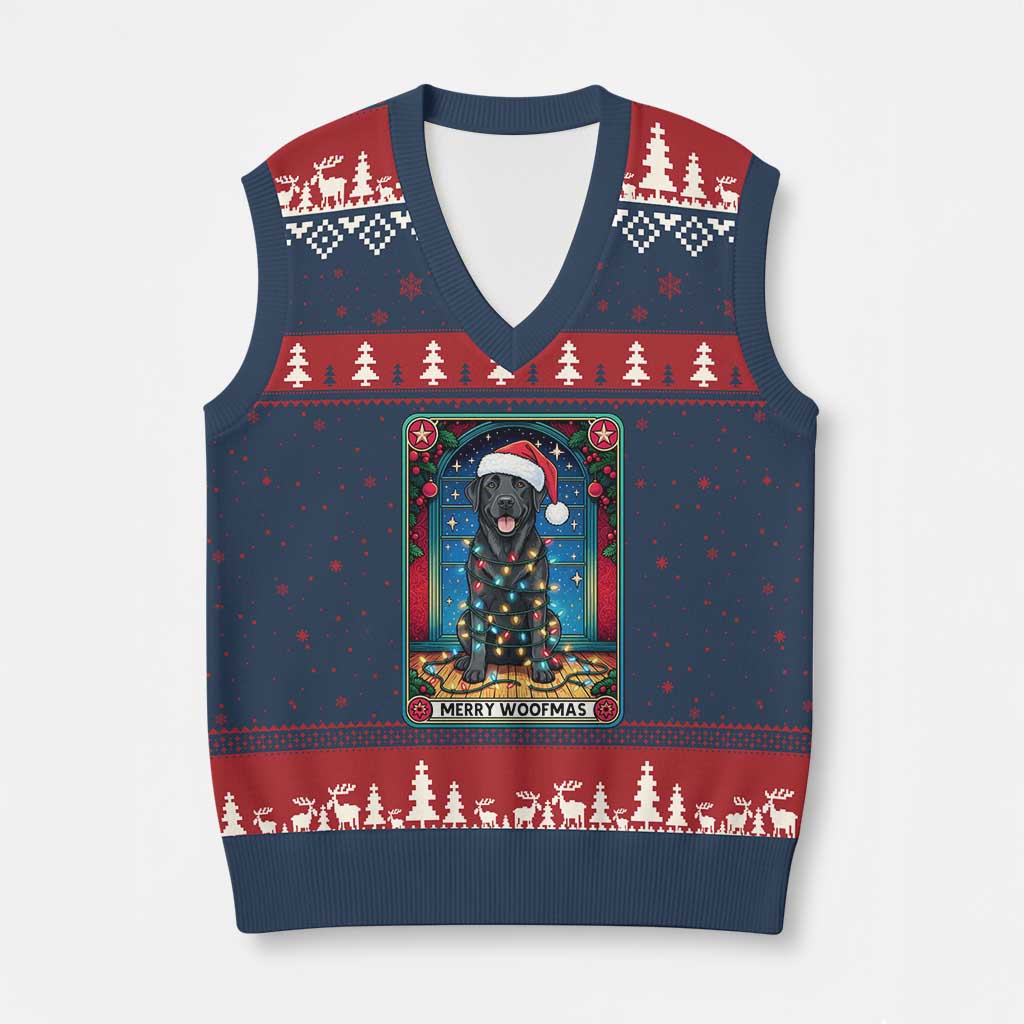 Merry Woofmas V-Neck Knit Sweater Vest Funny Tarot Card Labrador Retriever Xmas Gift TS12 Navy Red Print Your Wear
