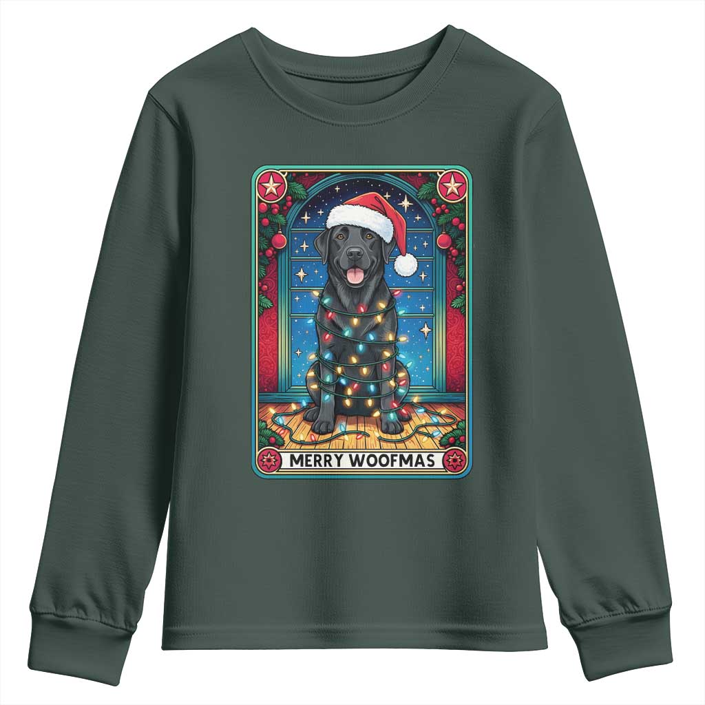 Merry Woofmas Youth Sweatshirt Funny Tarot Card Labrador Retriever Christmas Gift TS12 Dark Forest Green Print Your Wear