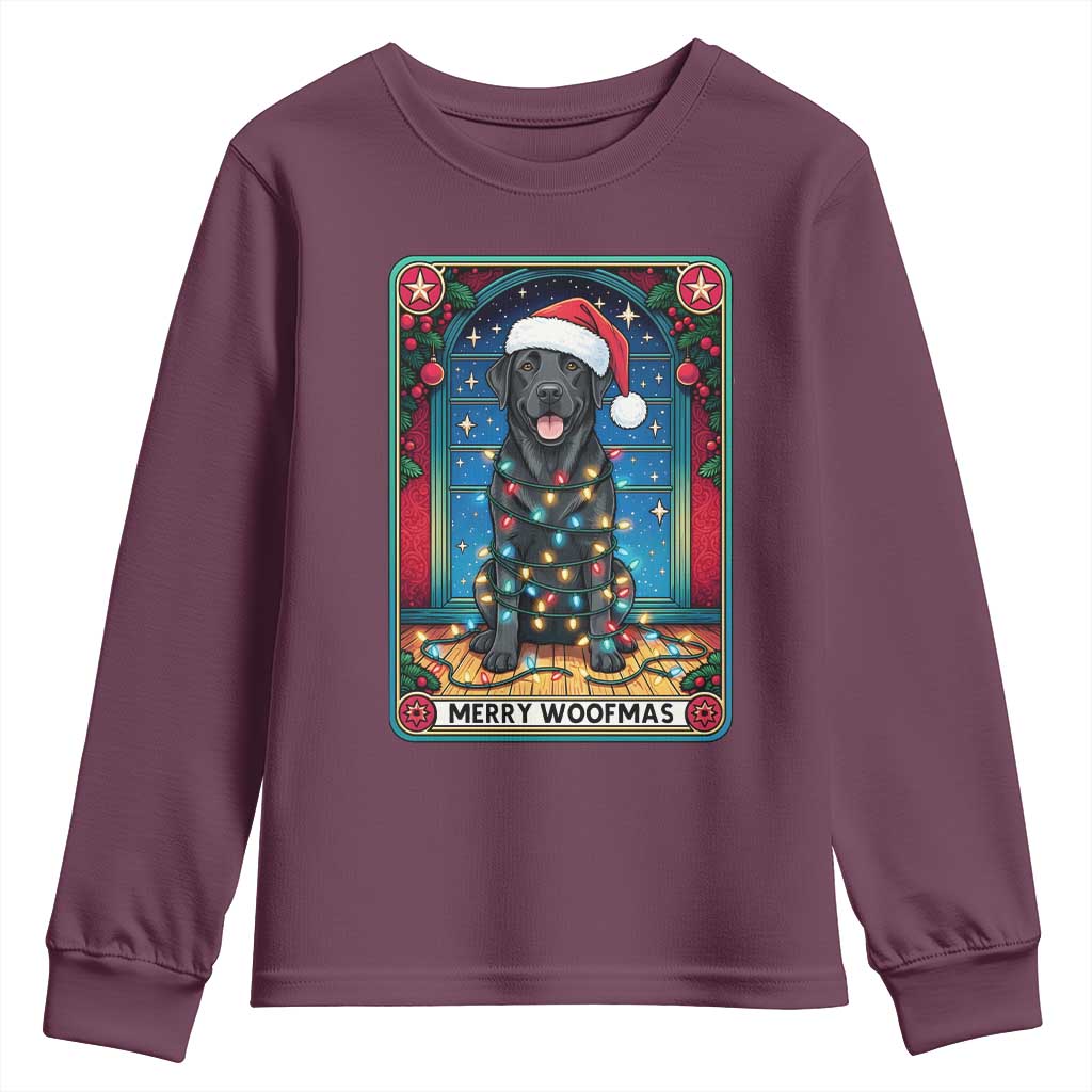 Merry Woofmas Youth Sweatshirt Funny Tarot Card Labrador Retriever Christmas Gift TS12 Maroon Print Your Wear