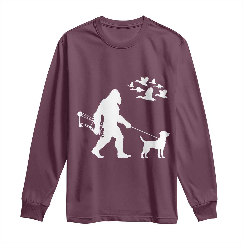 Funny Bow Hunter Long Sleeve Shirt Bigfoot Walking Labrador Hunting Dog Gift TS12 Maroon Print Your Wear