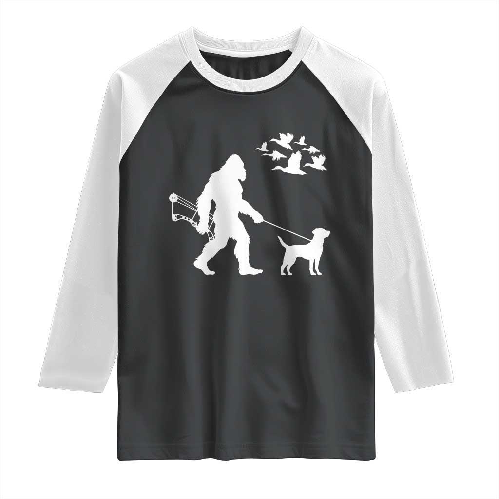 Funny Bow Hunter Raglan Shirt Bigfoot Walking Labrador Hunting Dog Gift TS12 Black White Print Your Wear