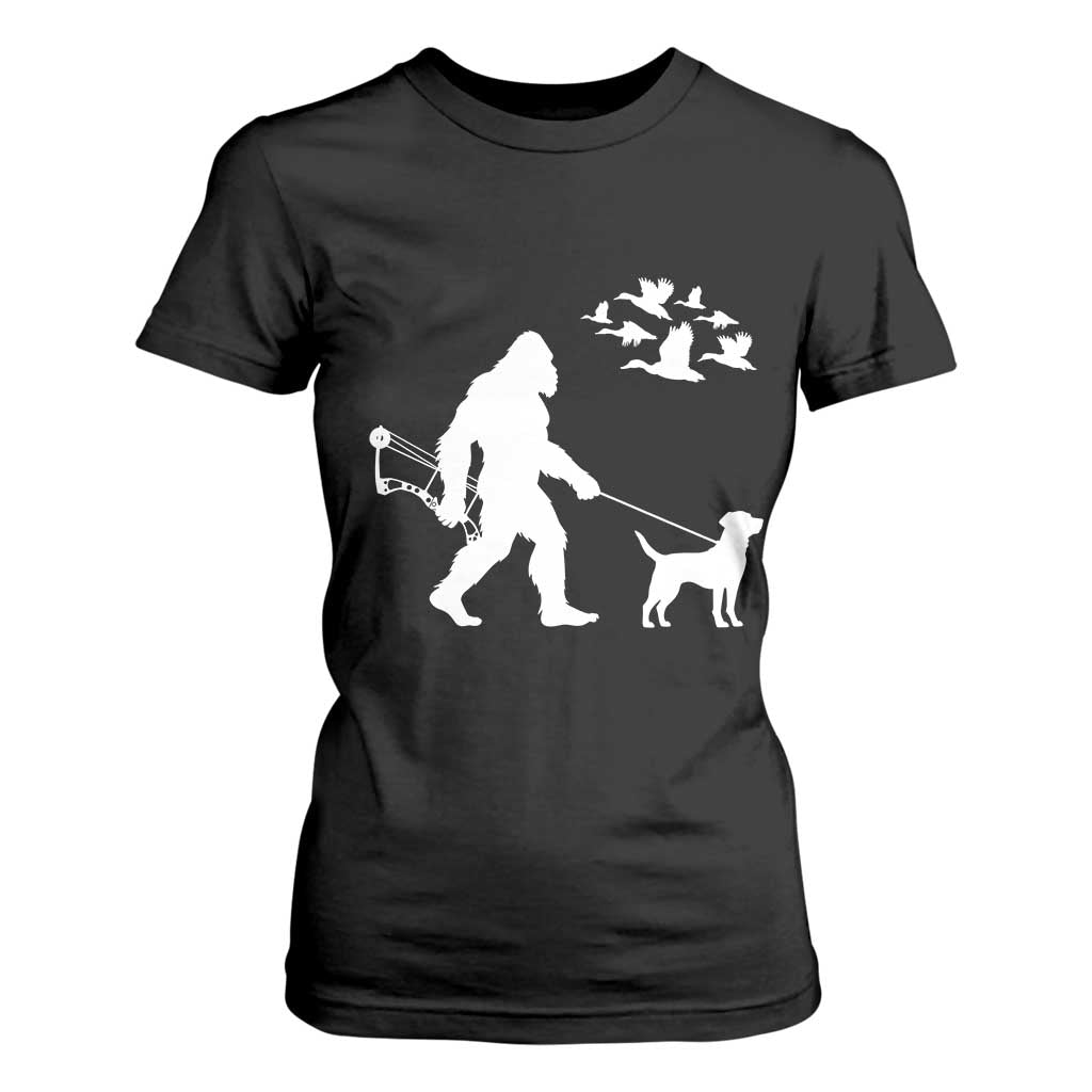 Funny Bow Hunter T Shirt For Women Bigfoot Walking Labrador Hunting Dog Gift TS12 Black Print Your Wear