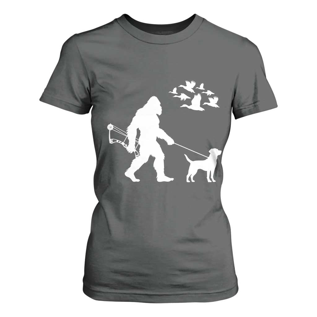 Funny Bow Hunter T Shirt For Women Bigfoot Walking Labrador Hunting Dog Gift TS12 Dark Heather Print Your Wear