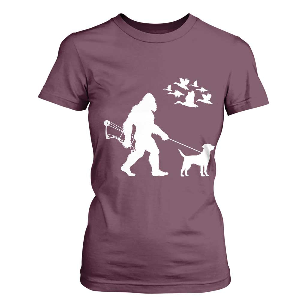 Funny Bow Hunter T Shirt For Women Bigfoot Walking Labrador Hunting Dog Gift TS12 Maroon Print Your Wear