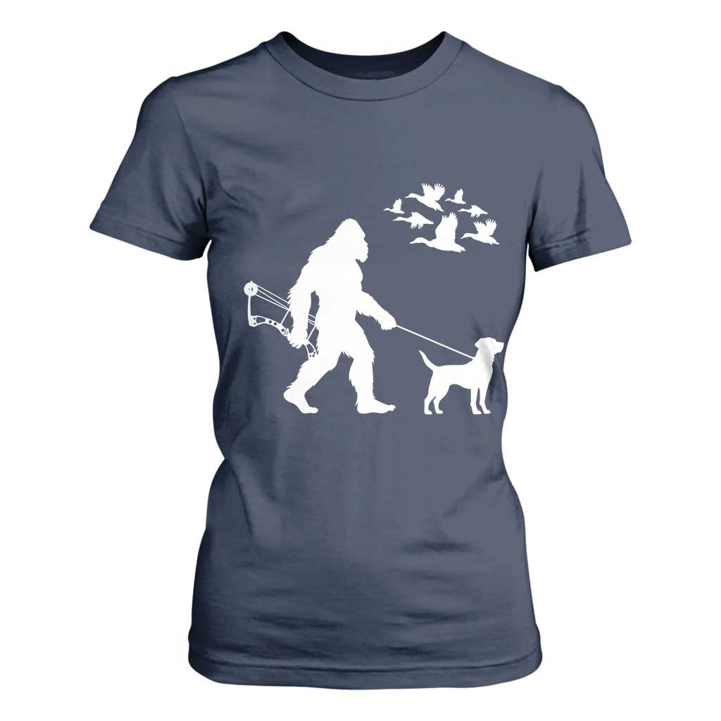 Funny Bow Hunter T Shirt For Women Bigfoot Walking Labrador Hunting Dog Gift TS12 Navy Print Your Wear