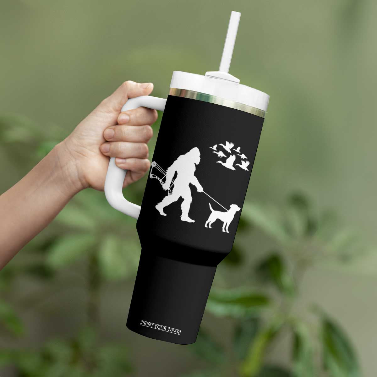 Funny Bow Hunter Tumbler With Handle Bigfoot Walking Labrador Hunting Dog Gift TS12 Print Your Wear